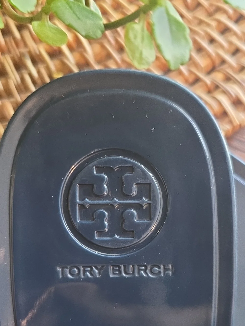 Tory Burch Black Logo Jelly Thong Sandals with Patent Shine
